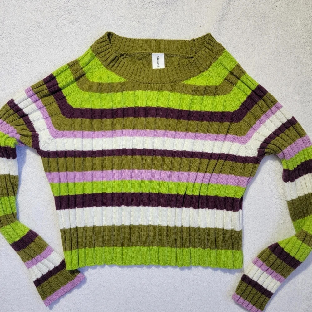 Abound Striped Cropped Sweater Green White Pink Burgandy Stretchy Size XL - Picture 3 of 9
